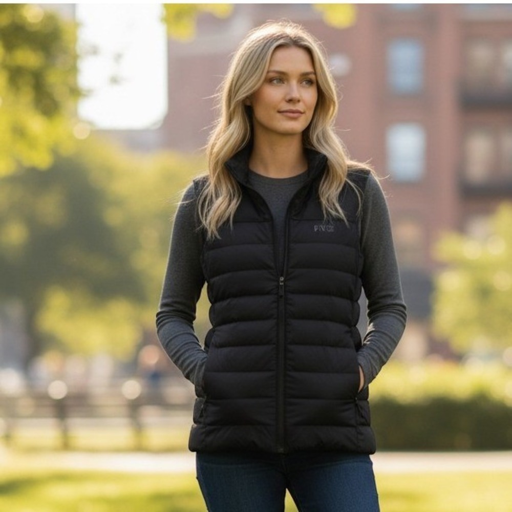 FIGS On-Shift Packable Puffer Vest Black Womens sz M Full Zip Nurse pakable hood